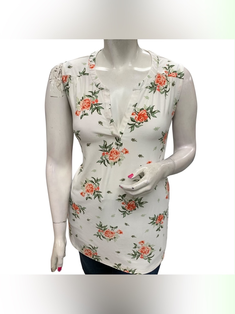 2 Dye 4 Sleeveless Floral V-Neck Camisole - White with Coral Rose Print Size 3X
